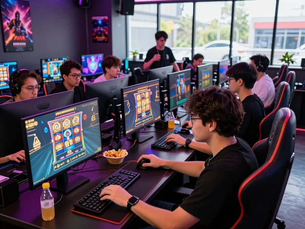 Vibrant scene of friends enjoying 789club online casino games in a lively cyber café setting.