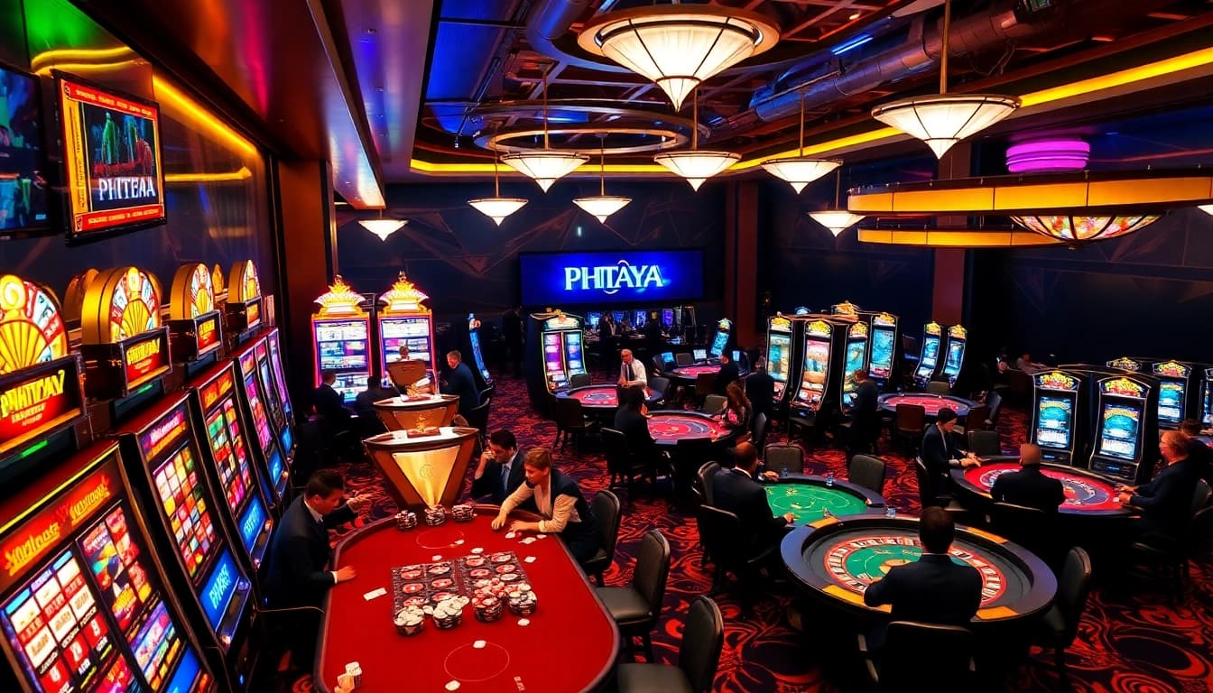 PHTAYA players enjoying an exhilarating casino atmosphere with vibrant slot machines and luxury poker tables.