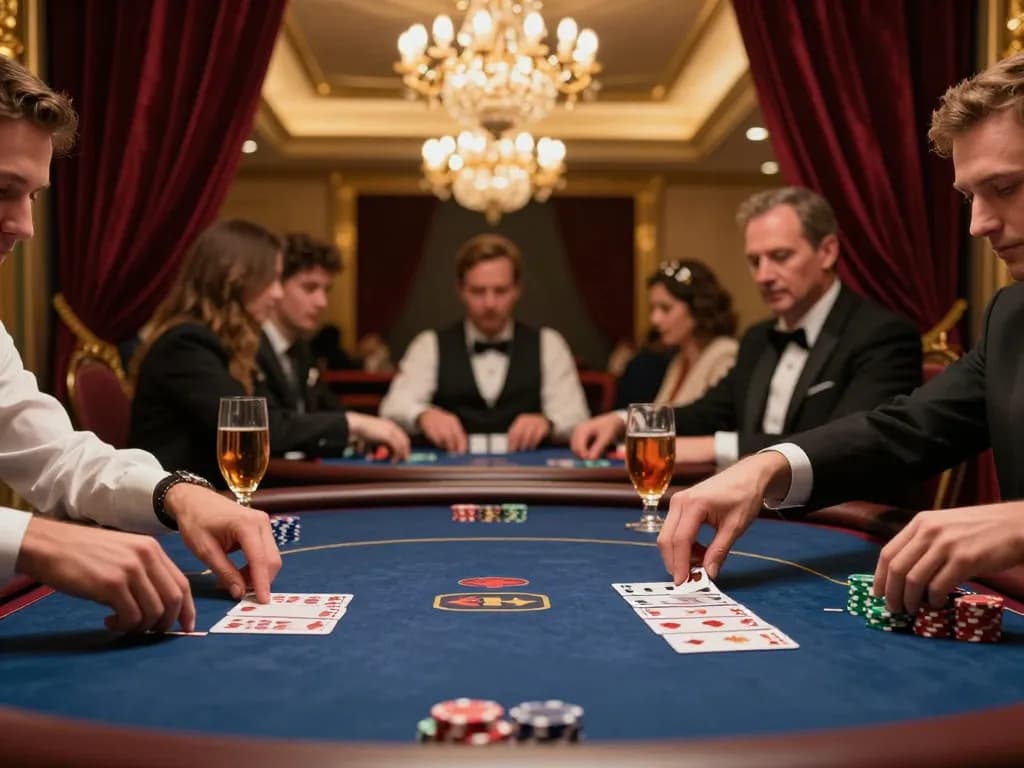 MM88 players strategizing and celebrating wins at an elegant poker table in a luxurious casino environment.