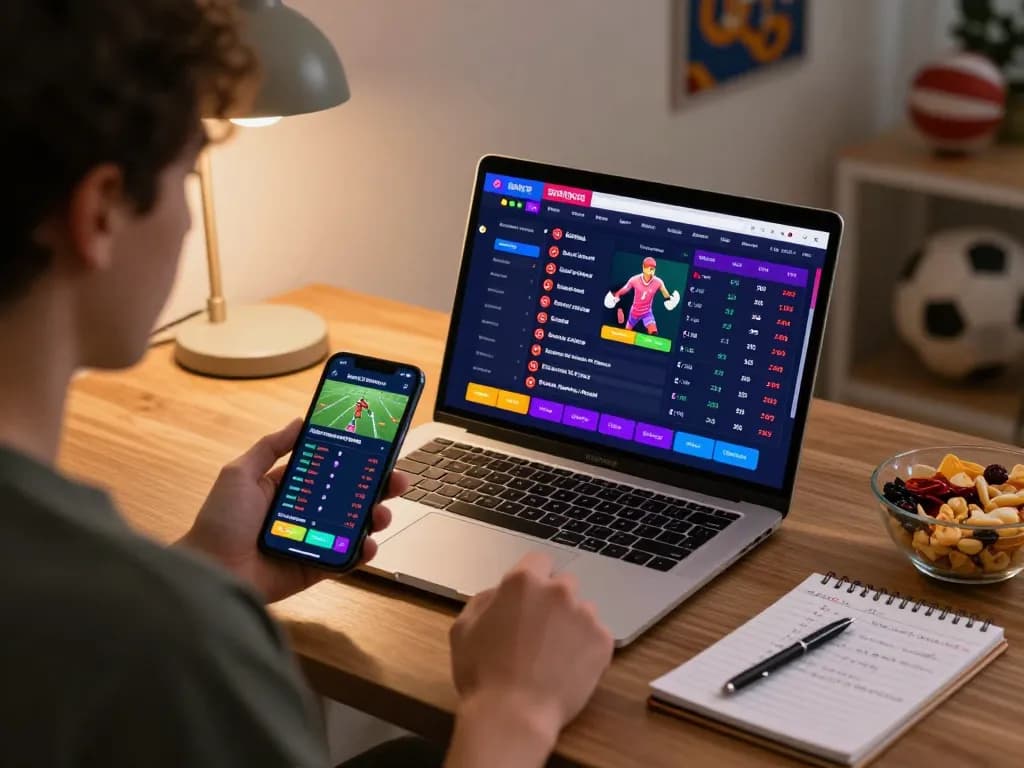 Engaging moment of betting on live sports through a laptop at home while using 789win for strategic play.