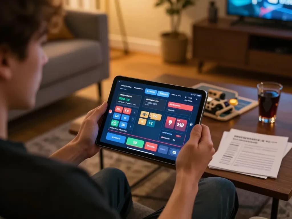 Engaging in online gambling on fabet with a tablet in a cozy home setting