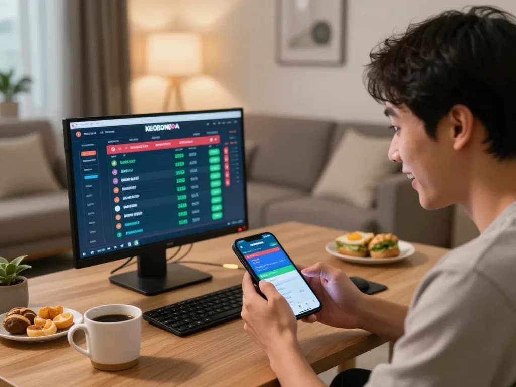 Person engaging with the keobongda sports betting app on smartphone in a cozy home setting