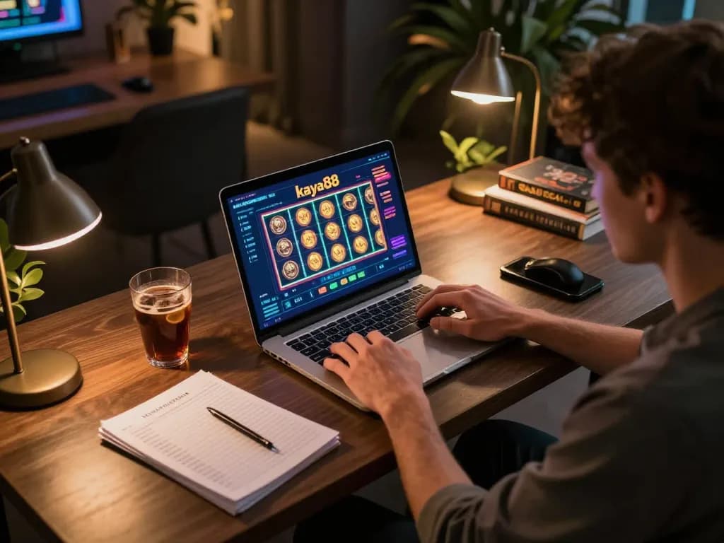 Engaging gameplay with kaya88 slot displayed on a laptop in a cozy home setting, showcasing strategic online gaming.