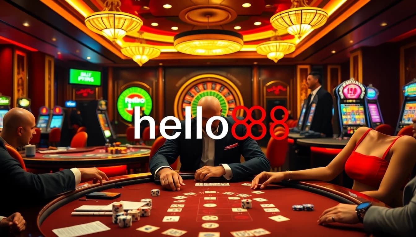 Players engage in thrilling poker games at hello88 casino, with vibrant tables and roulette wheels.