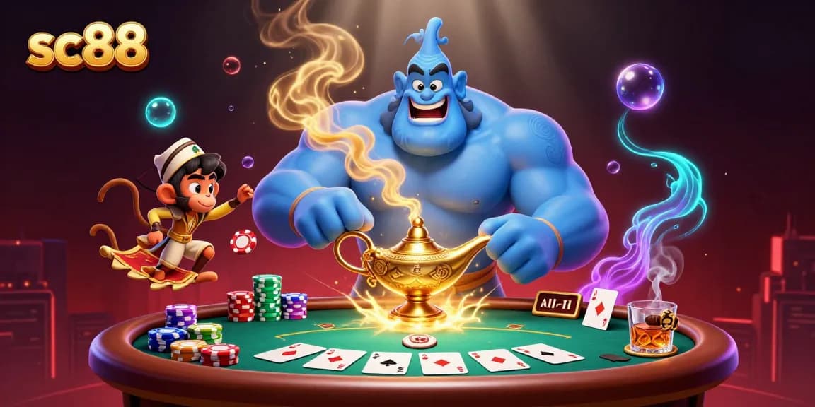 sc88 genie emerges from a lamp with poker elements, enhancing online casino excitement