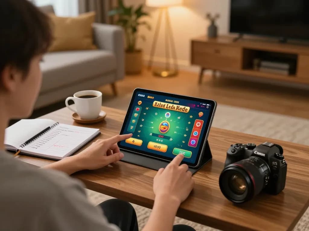 Player engaging in lo de online gaming on a tablet in a cozy home setting with strategic notes.