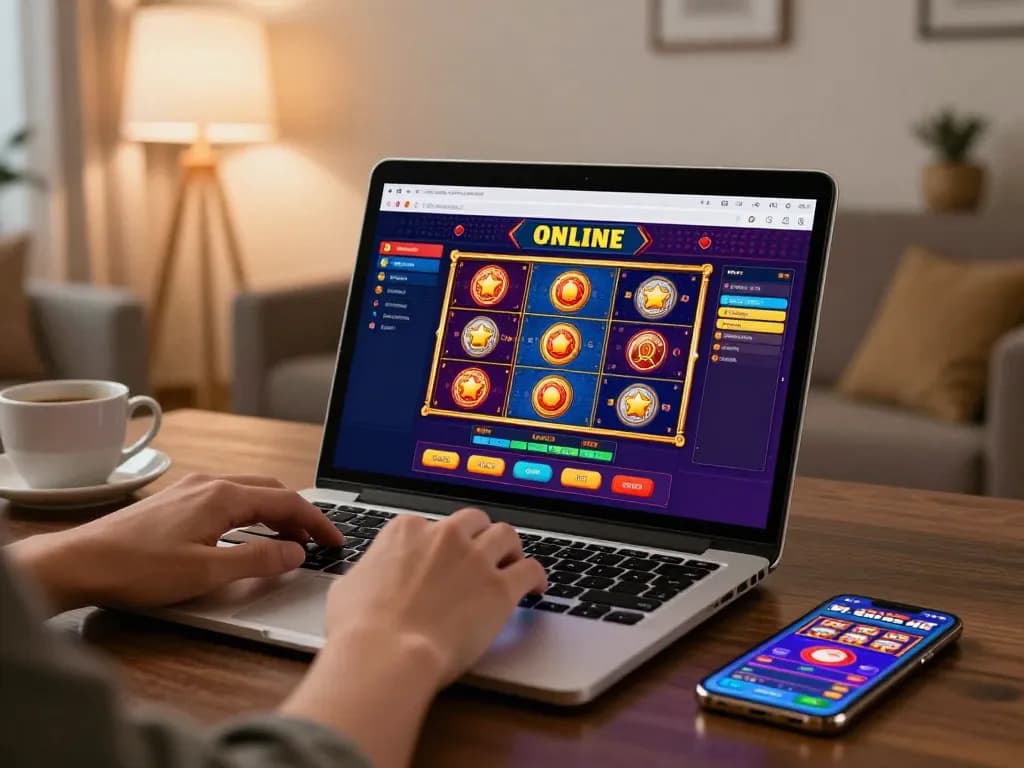 Nổ hũ action on lively laptop gaming setting, showcasing strategic betting at home
