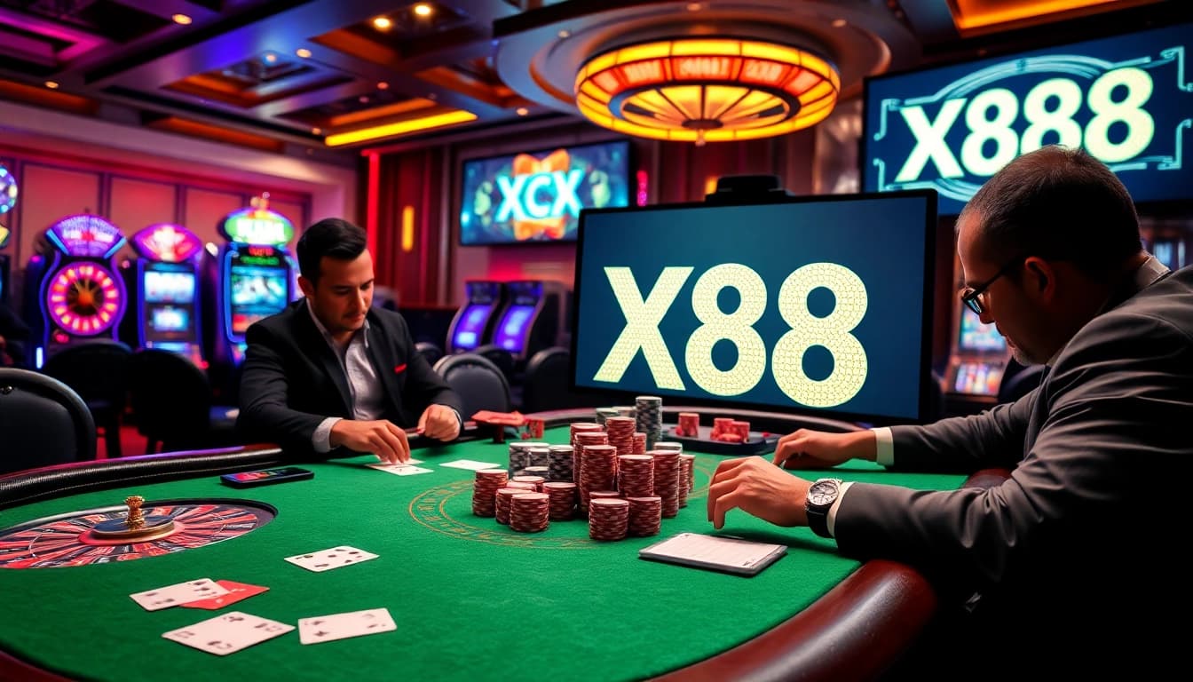 Exciting poker table scene showcasing X88 with vibrant chips and cards in a luxurious casino atmosphere.