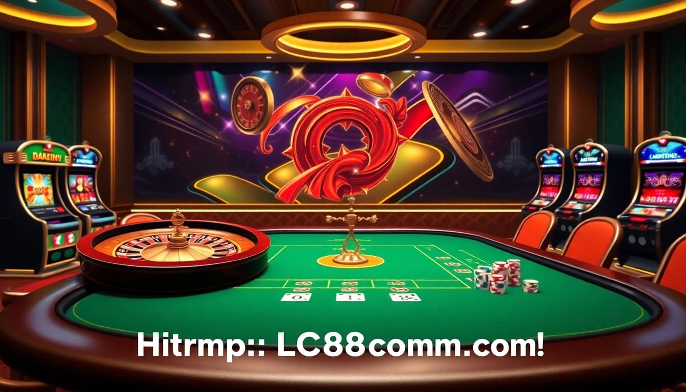 Experience vibrant online gambling action at https://lc88comm.com/ with a luxurious casino scene featuring roulette and slots.