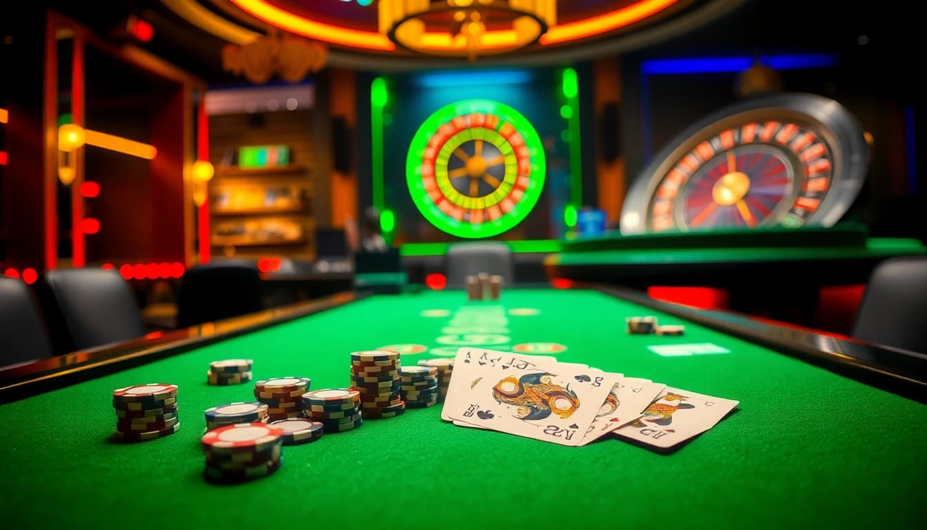 Experience excitement with the kim88 game at a stunning casino table filled with poker chips and cards.
