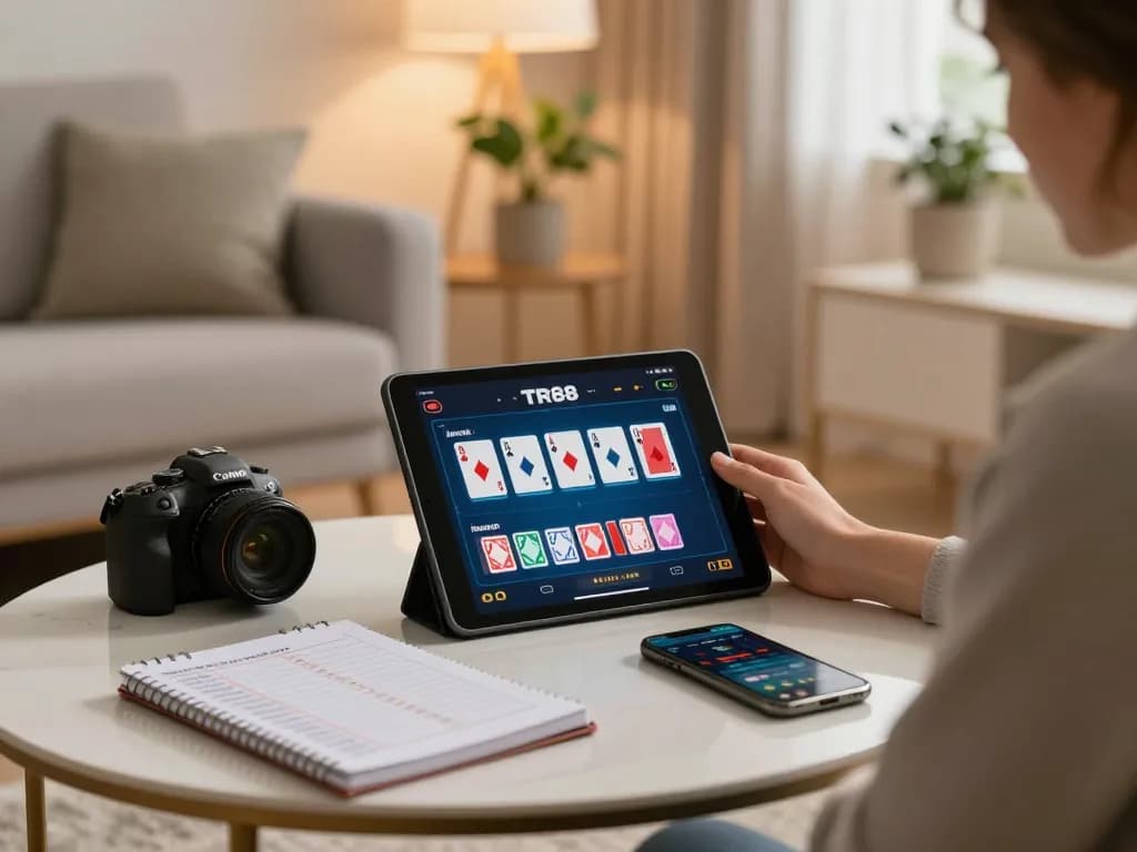 Engaging with TR88 online poker on a tablet in a cozy home environment.