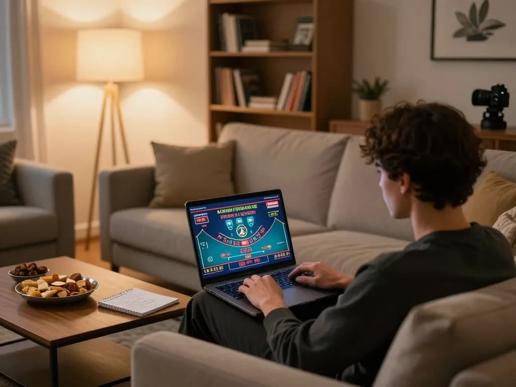Person engaged in online gaming with MM88 on laptop in a cozy home setup