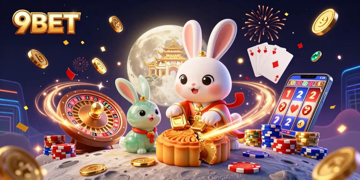 Experience thrilling gaming action at 9BET with a vibrant, dynamic casino illustration featuring moon rabbits and rich casino elements.