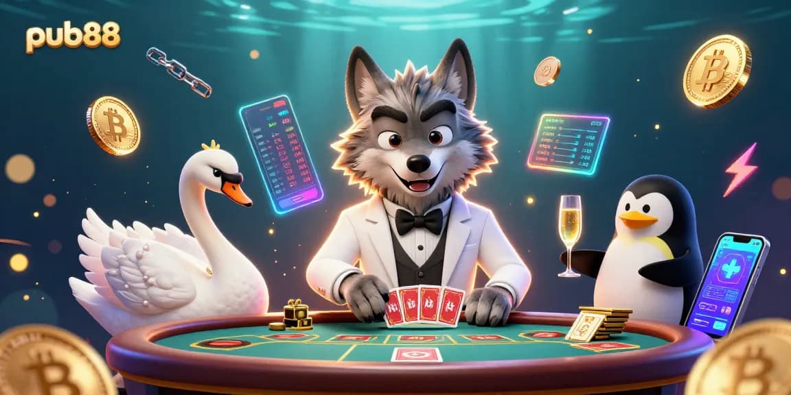 Experience thrilling baccarat at pub88 with animated wolf, swan, and penguin amid sparkling crypto elements.