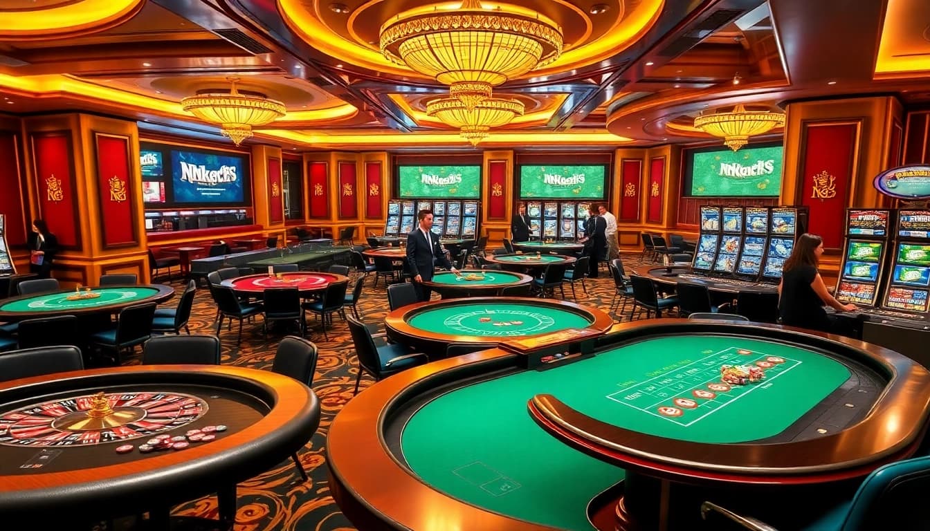 Experience thrilling gambling at NK88 with vibrant casino tables and poker chips.