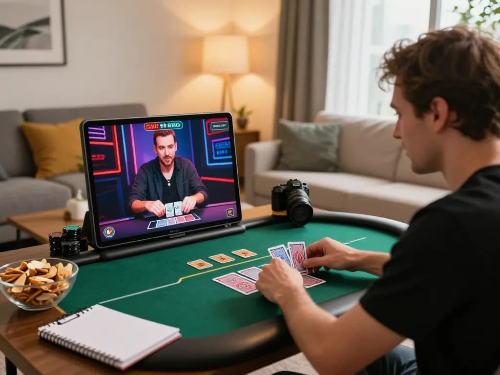 Player enjoying live dealer poker casino games online at RR99 platform with snacks and strategy notes