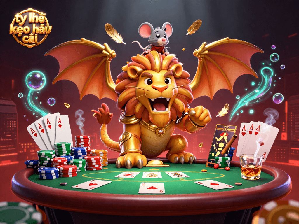 Engage in tỷ lệ kèo nhà cái while enjoying an epic scene with a chimera creature and poker elements.
