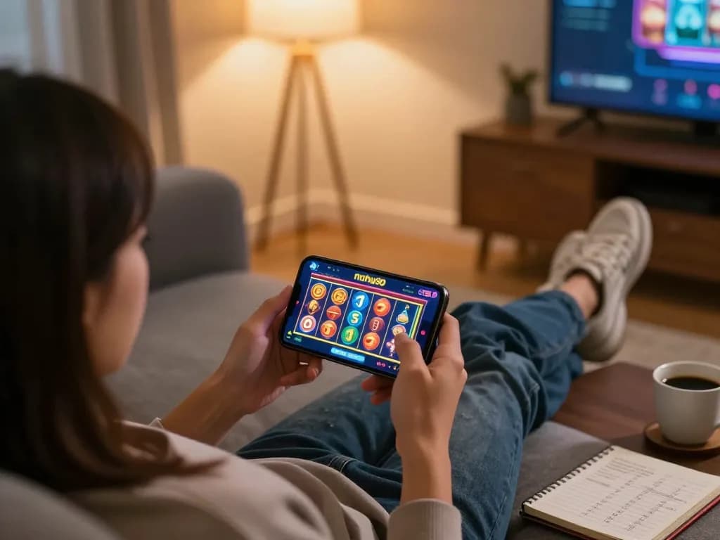 Nohu90 app gameplay on smartphone showcasing colorful slots and strategic betting while relaxing at home