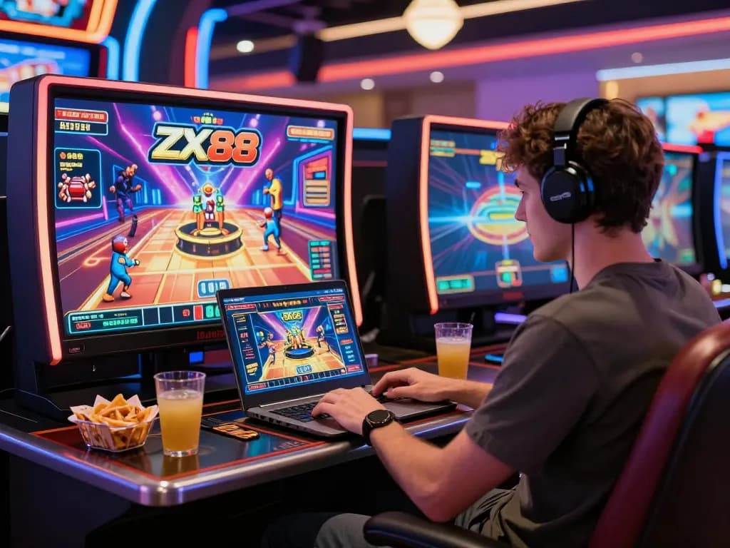 Player immersed in a vibrant ZX88 online casino gaming experience with colorful visuals.