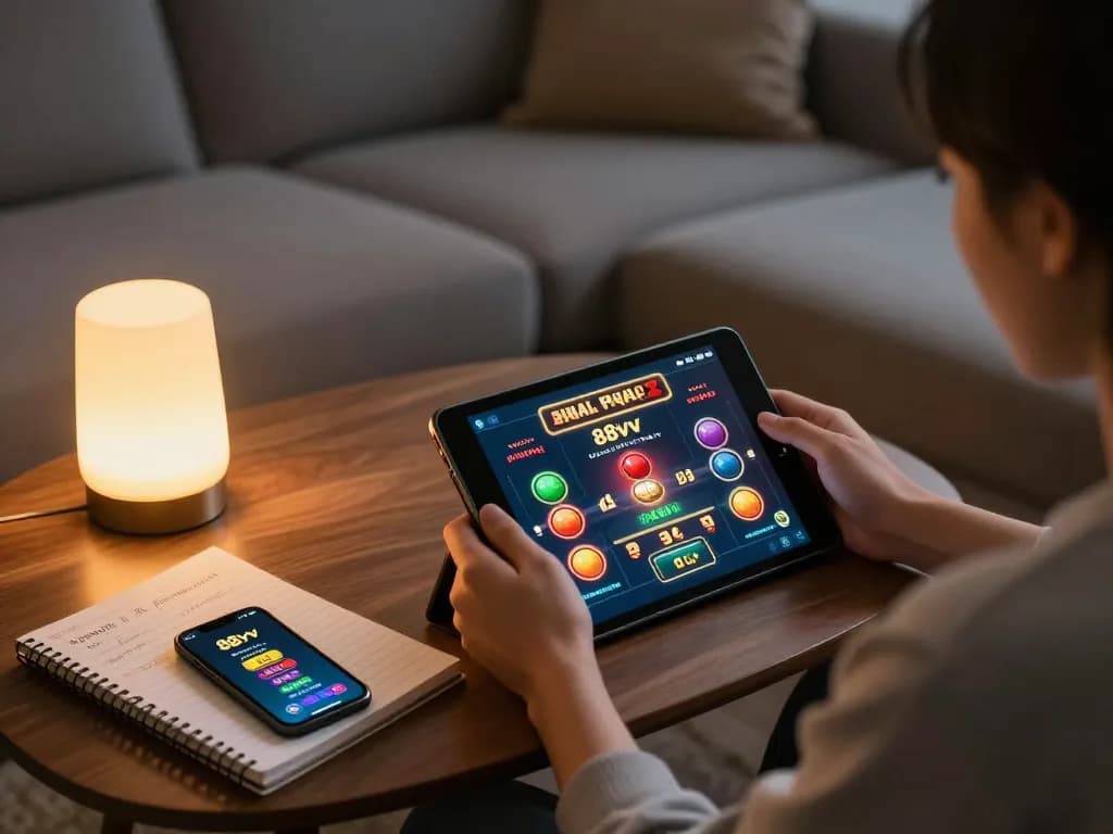 88vv player engaged in online casino gaming on a tablet, showcasing a strategic approach in a cozy home setting.