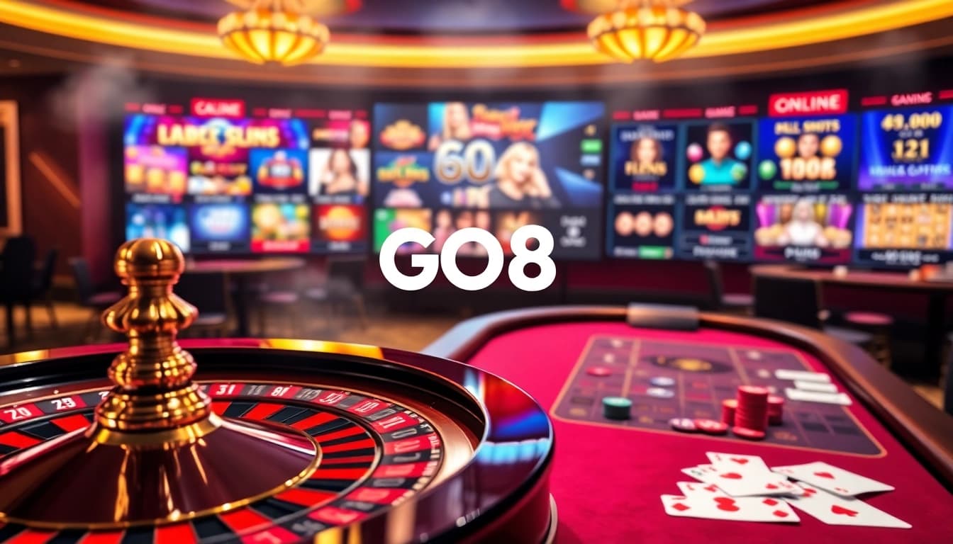 Experience premium gaming with GO8 at a modern casino table filled with poker chips and cards.