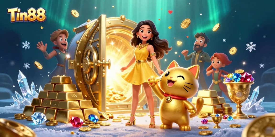 Tin88 captivates with a stunning scene of an Asian woman and a lucky cat amidst floating coins and riches.