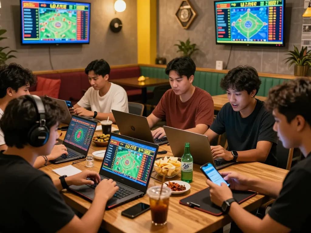 Lô đề online players enjoying a lively betting session in a vibrant café environment