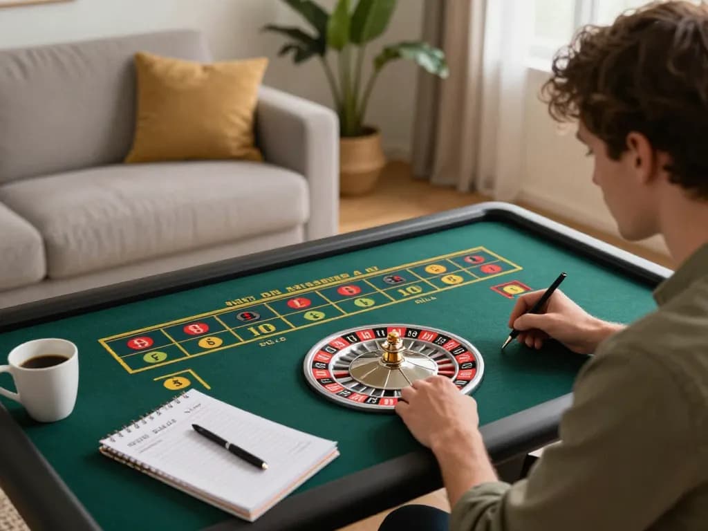 Fly88 player enjoying online roulette game while strategically taking notes in a cozy home setting