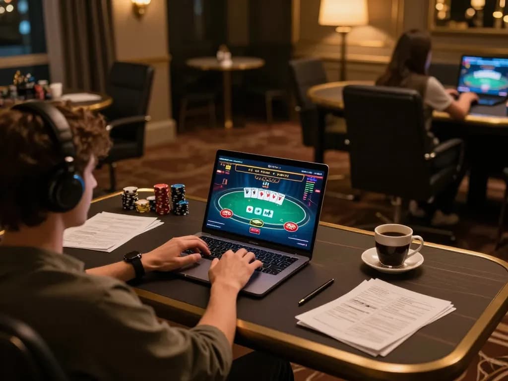 Engaged player using the 577F platform on a laptop in a cozy gaming setup.