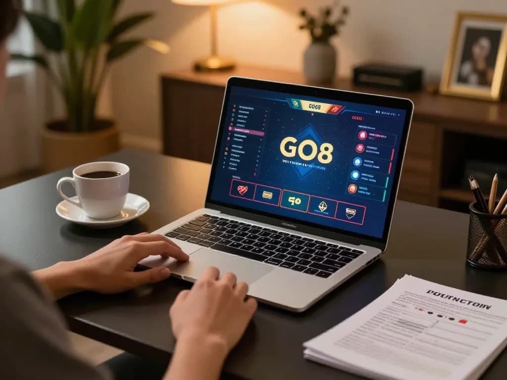 Engaging with GO8 casino games, displaying virtual interface while enjoying a cozy home environment
