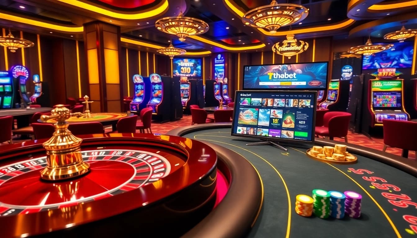 Experience the excitement of wagering at https://thabet.baby/ with vibrant casino visuals filled with roulette wheels and poker games.