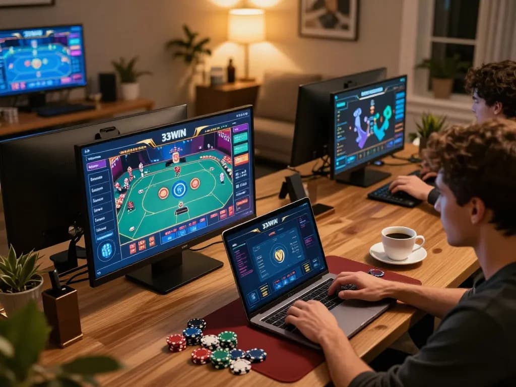 Engaging player using the 33WIN app in a modern home gaming setup with multiple screens.