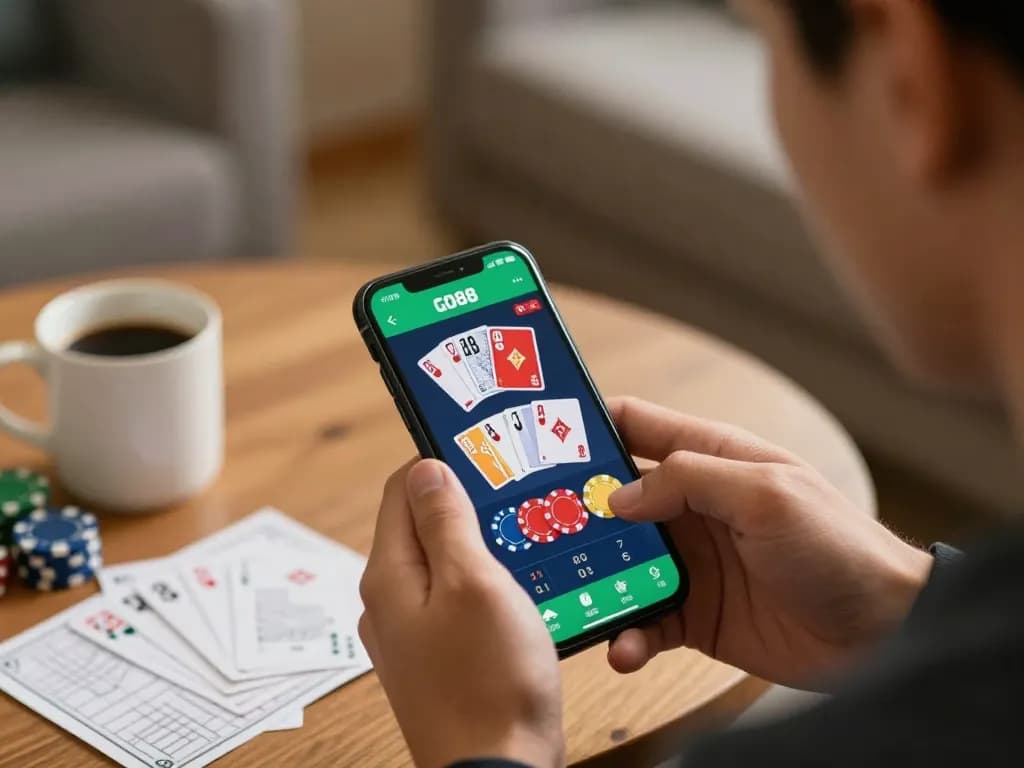 Player engaging with GO88 mobile app, enjoying online gambling strategy in a cozy home setting.