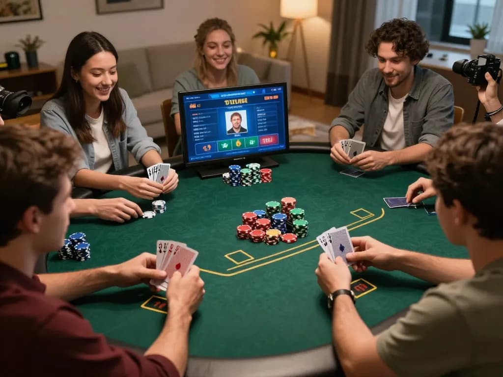 lc88an players engaging in an exciting online poker game, showcasing vibrant chips and a dynamic atmosphere.