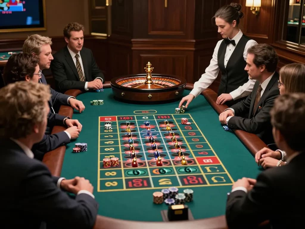 LLWIN players strategizing their bets at an upscale roulette table in a luxury casino