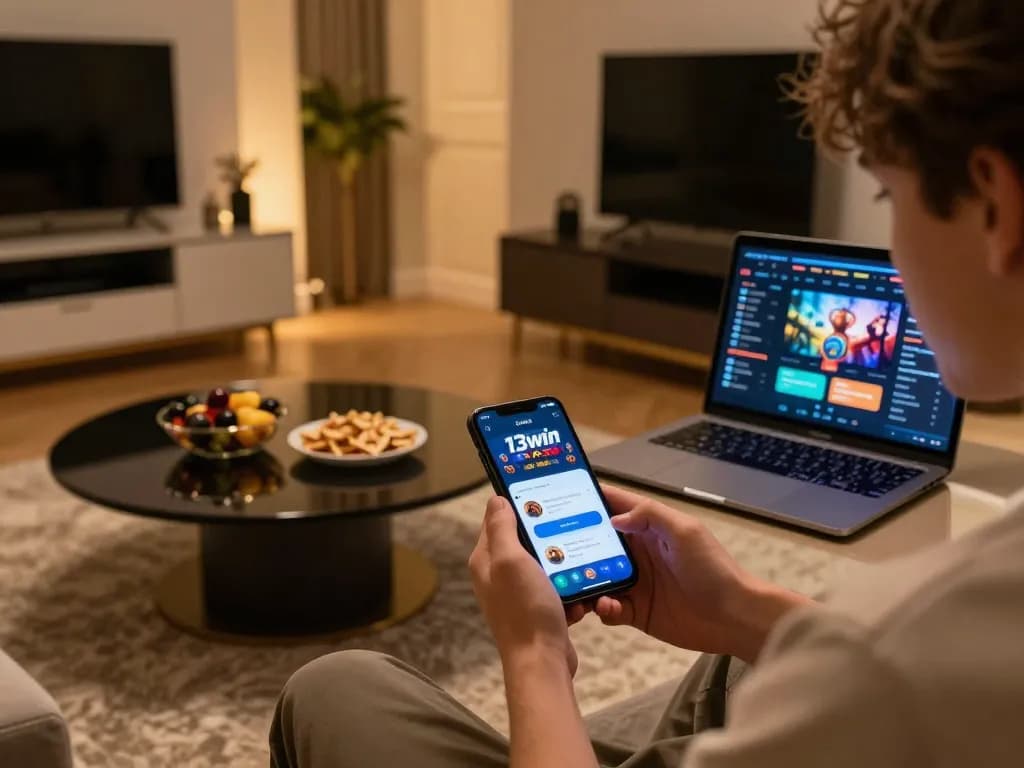 Engaging in online gaming with the 13win link vào app from a cozy home setup, featuring stylish decor and snacks