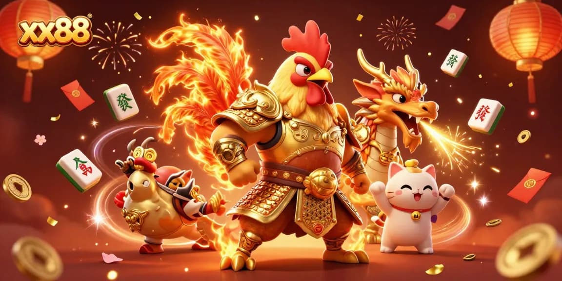 Engage in exciting gameplay at xx88 featuring a dynamic rooster warrior and dragon hatchling.