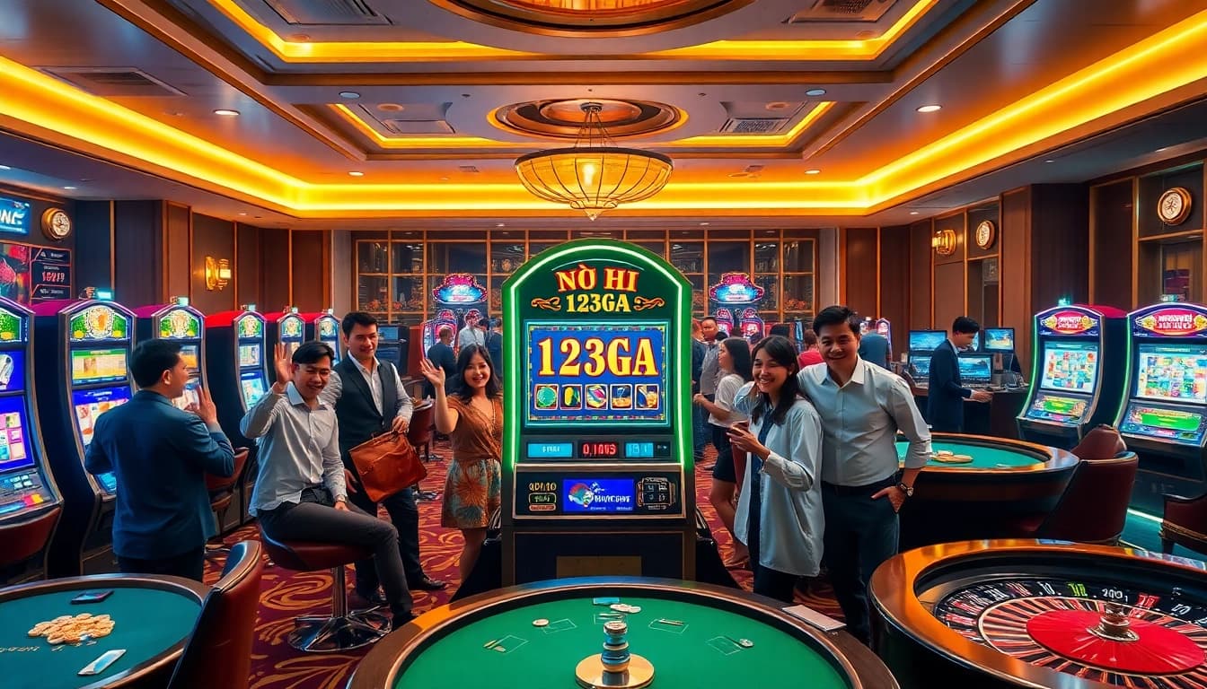 NỔ HŨ 123GA players celebrating a jackpot win at a luxurious casino scene