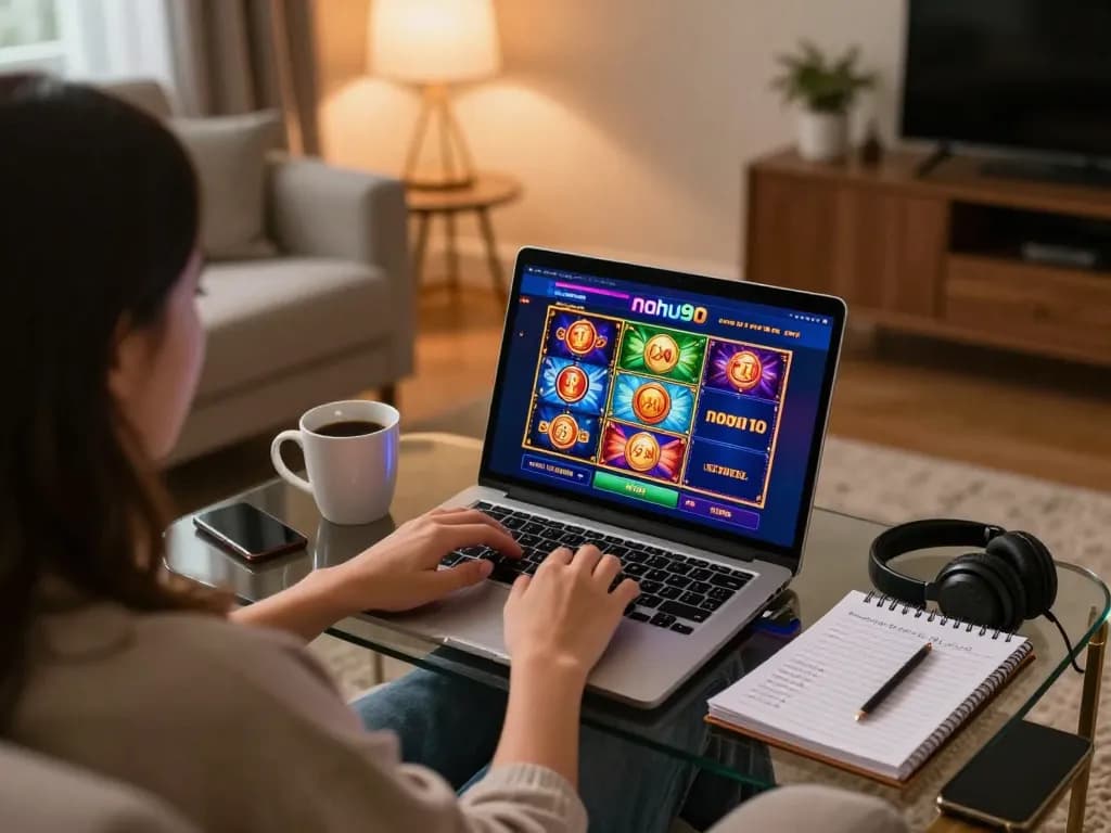 Nohu90 online casino gameplay on laptop in a cozy home setting, showcasing vibrant slot graphics.