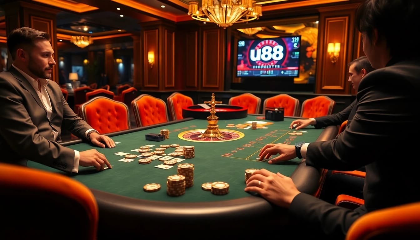 Join thrilling u88 poker games at a luxurious casino table with vibrant poker chips.
