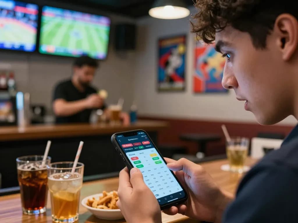 Engaged bettor reviewing keonhacai odds on a smartphone app during live sports betting.