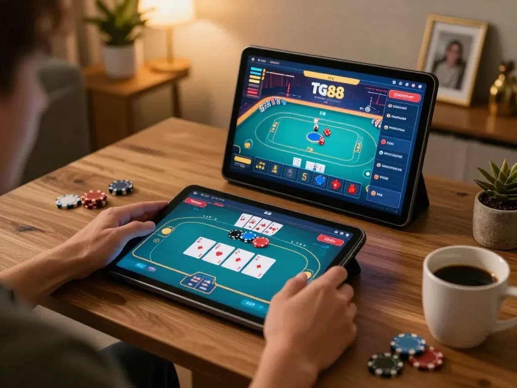 Engaging player strategizing during tg88 game on tablet in cozy room setting