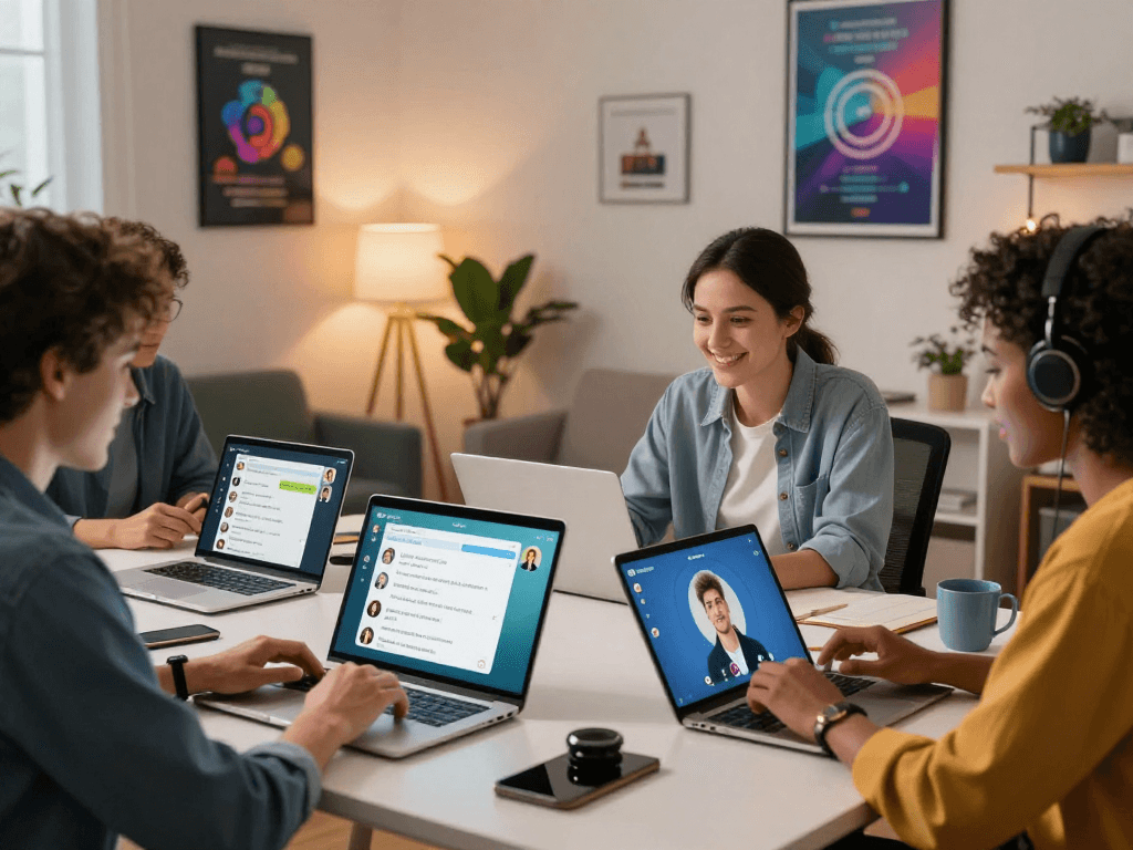 AI chat porn virtual conversation scene with diverse individuals interacting through tech devices.
