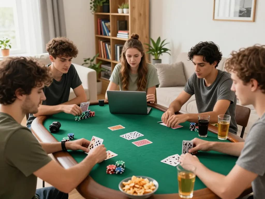 Friends enjoying an engaging poker night with 8kbet, studying strategies and playing cards in a cozy atmosphere