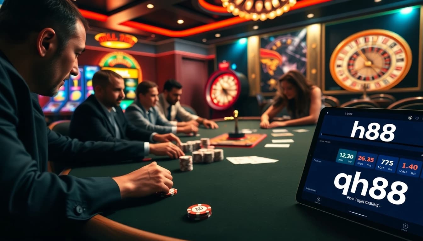 Engaged players at a qh88 poker table, surrounded by colorful slot machines and a roulette wheel.