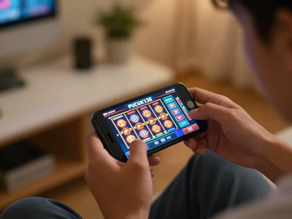 Engaged player using the PUCUK138 app on smartphone for thrilling online slot gaming session