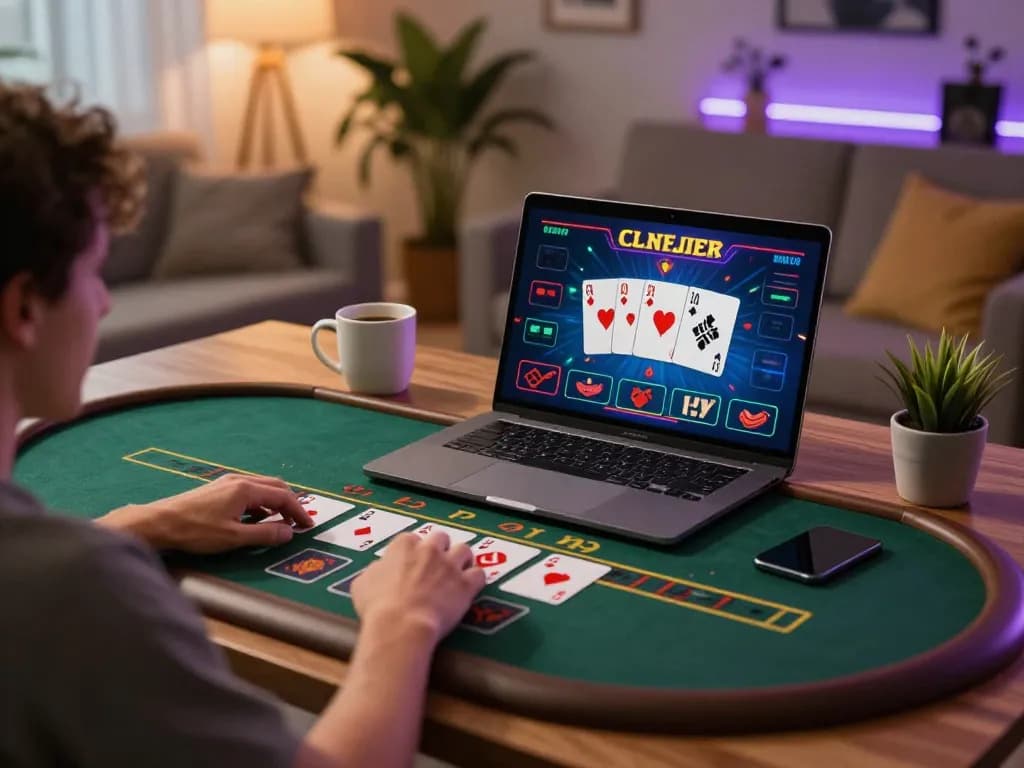 Player enjoying F168 live dealer game on a laptop in a cozy setting, portraying responsible gaming