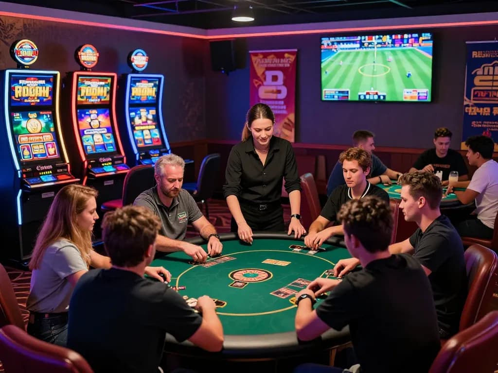 GO 8 online casino vibrant gaming scene with excited players at card table and colorful slots.