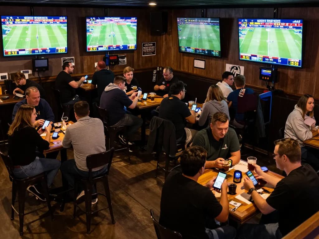 Soi kèo insights shared among friends at a vibrant sports betting venue, displaying excitement.