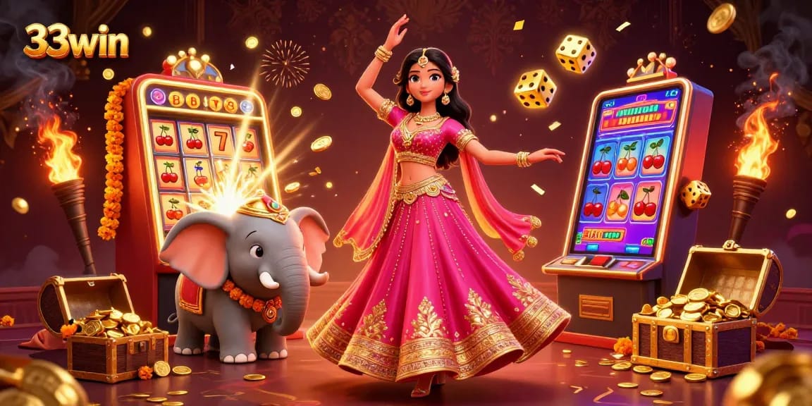 Immerse in the thrilling 33win experience as beautiful characters celebrate jackpots with vibrant casino elements.